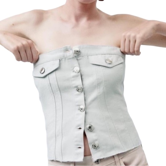 ZARA Women’s Strapless Button Front Corset Style Denim CroppedTop Sz:S SilverNWT - Picture 2 of 16